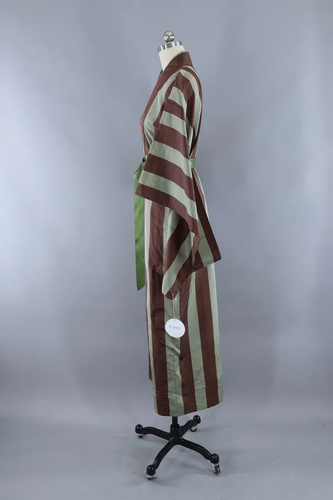 Vintage Sage Green and Brown Stripes Silk Kimono Robe