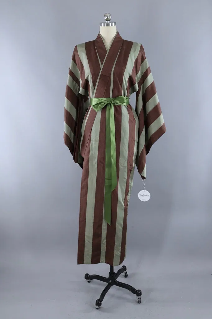 Vintage Sage Green and Brown Stripes Silk Kimono Robe