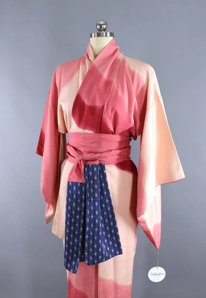 Vintage Silk Kimono Robe in Ivory and Pink Ombre