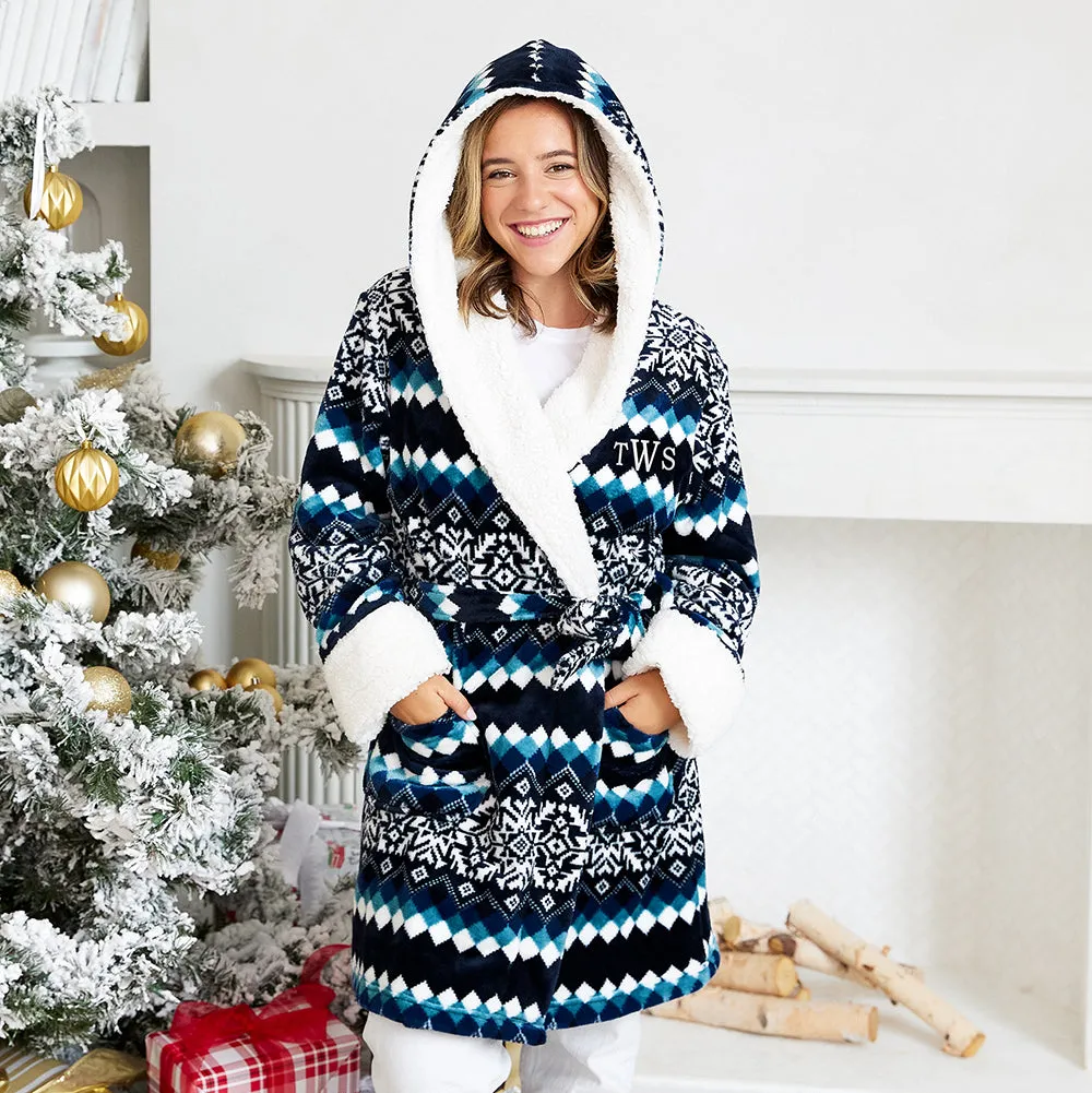 WOMEN'S PERSONALIZED EMBROIDERED FLUFFY PLUSH ROBE WITH HOOD - NORDIC SNOWFLAKE