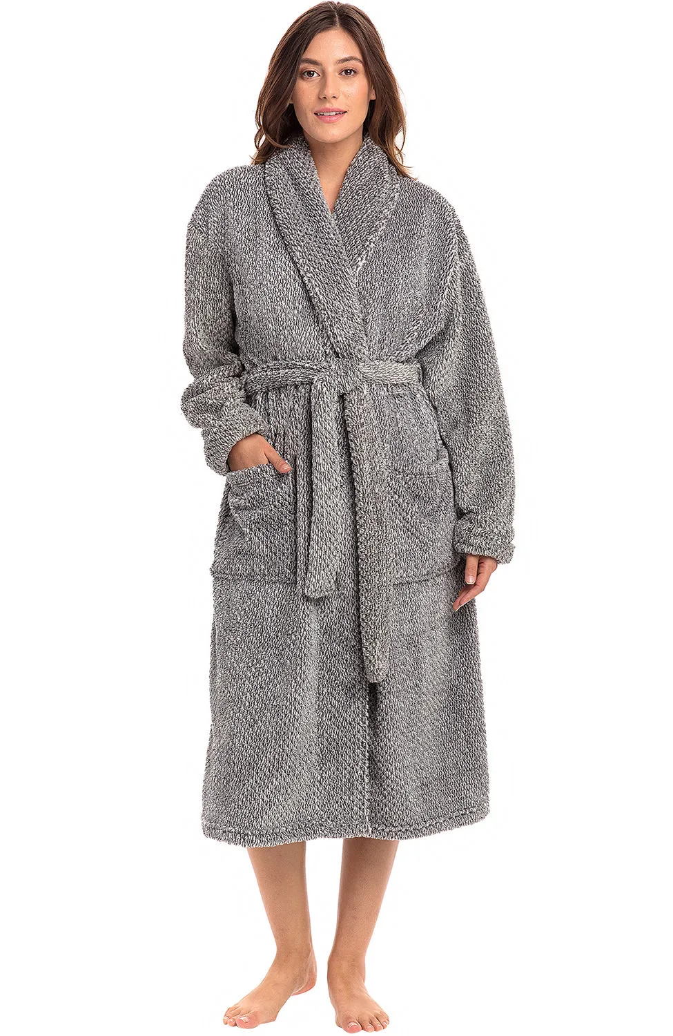 Women's Plush Fleece Robe, Shaggy Feather Bathrobe