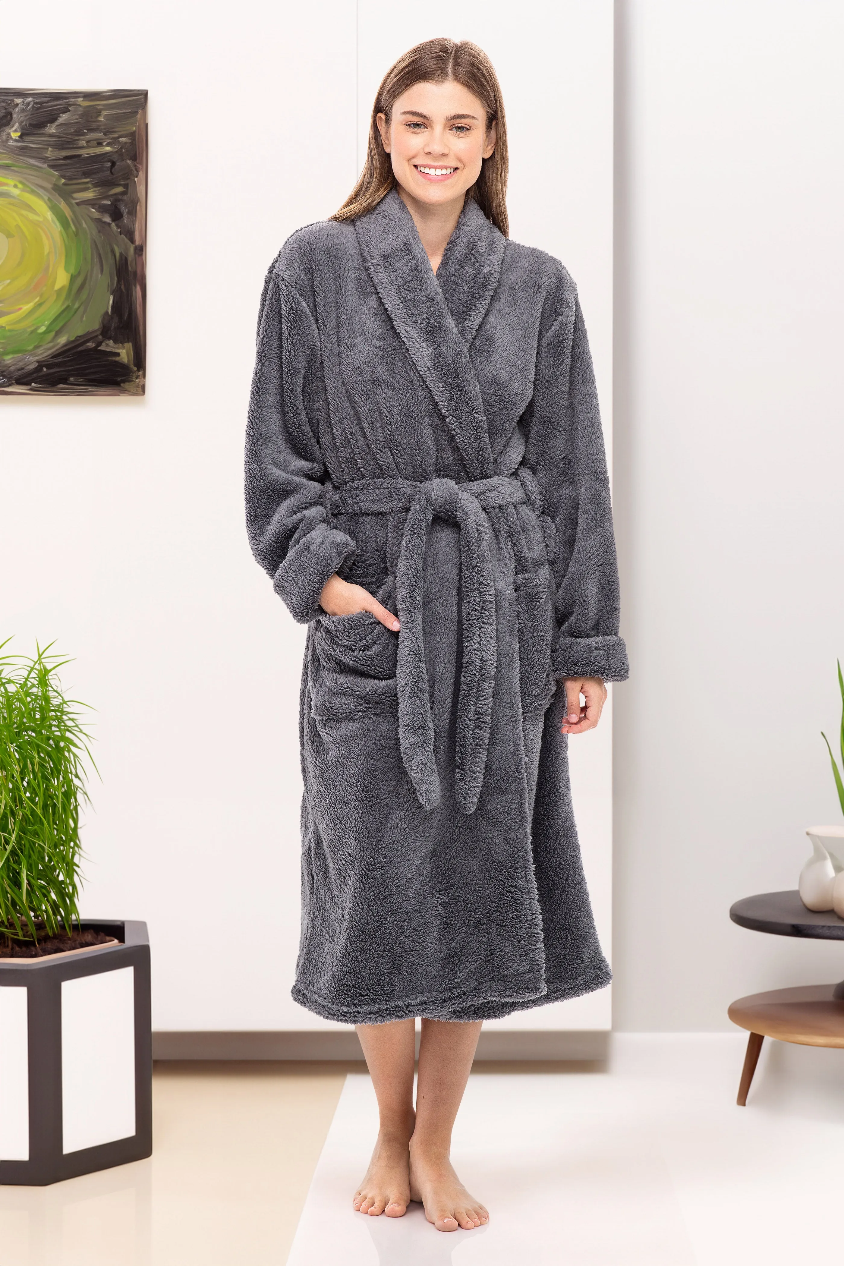 Women's Plush Fleece Robe, Shaggy Feather Bathrobe