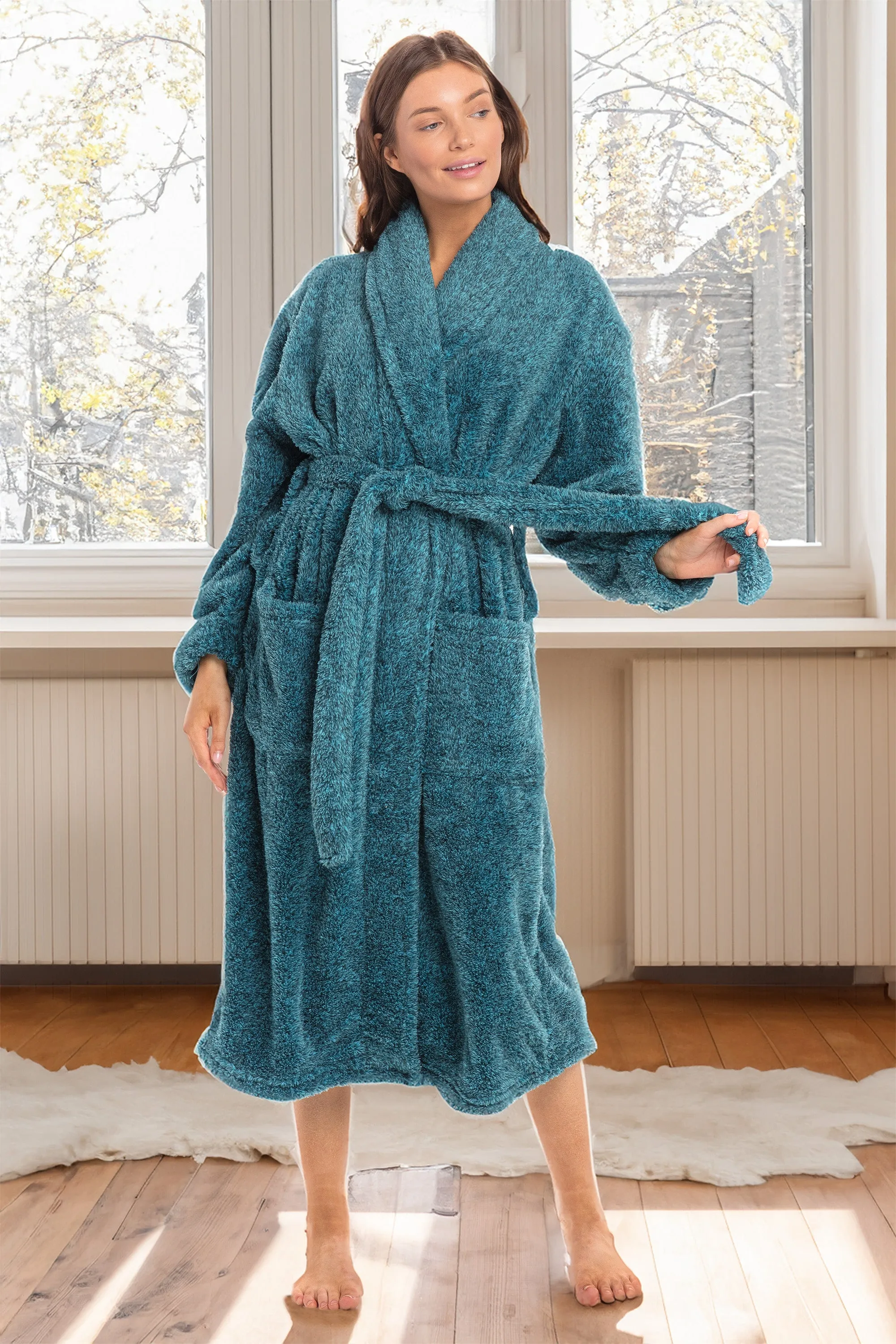 Women's Plush Fleece Robe, Shaggy Feather Bathrobe