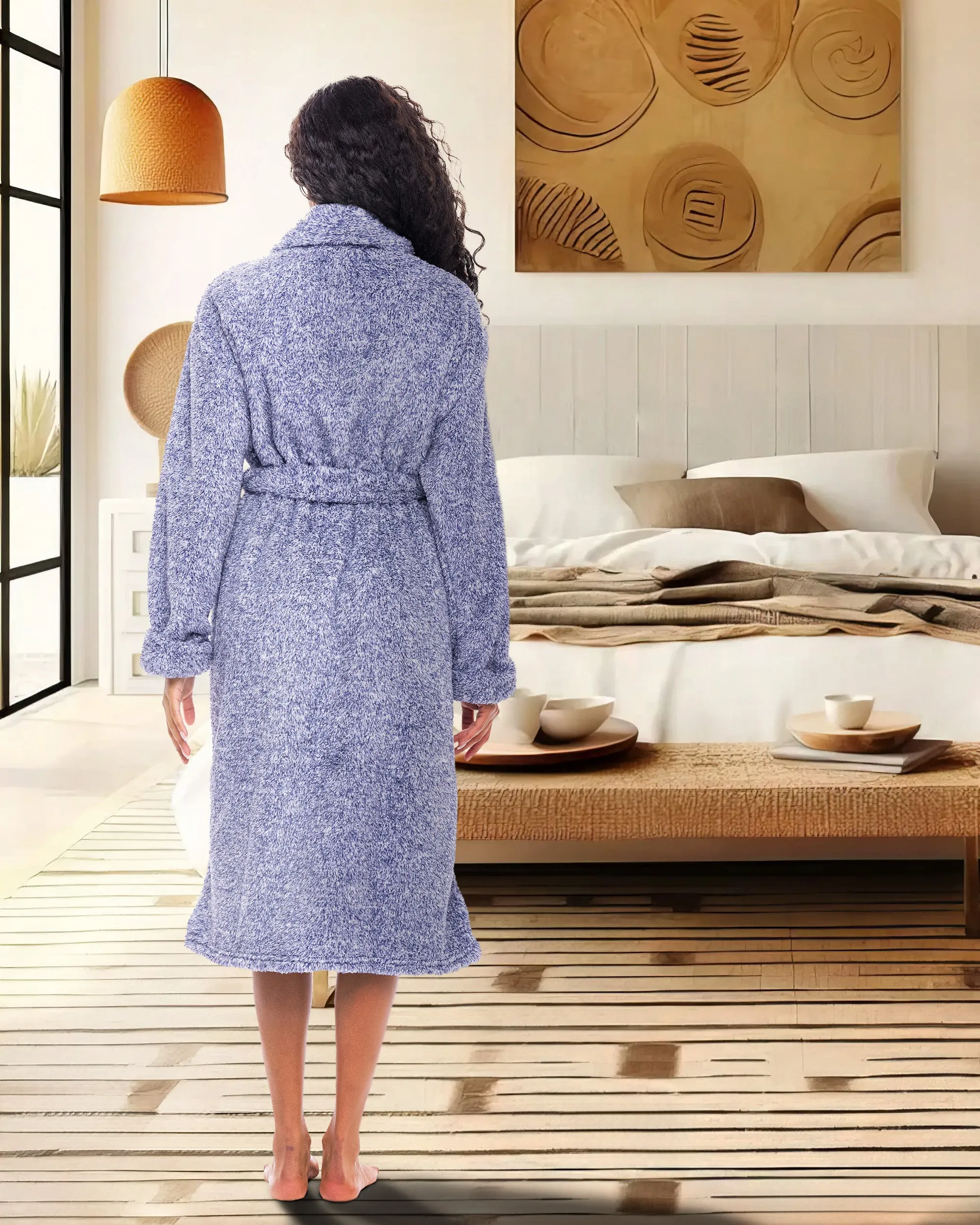 Women's Plush Fleece Robe, Shaggy Feather Bathrobe