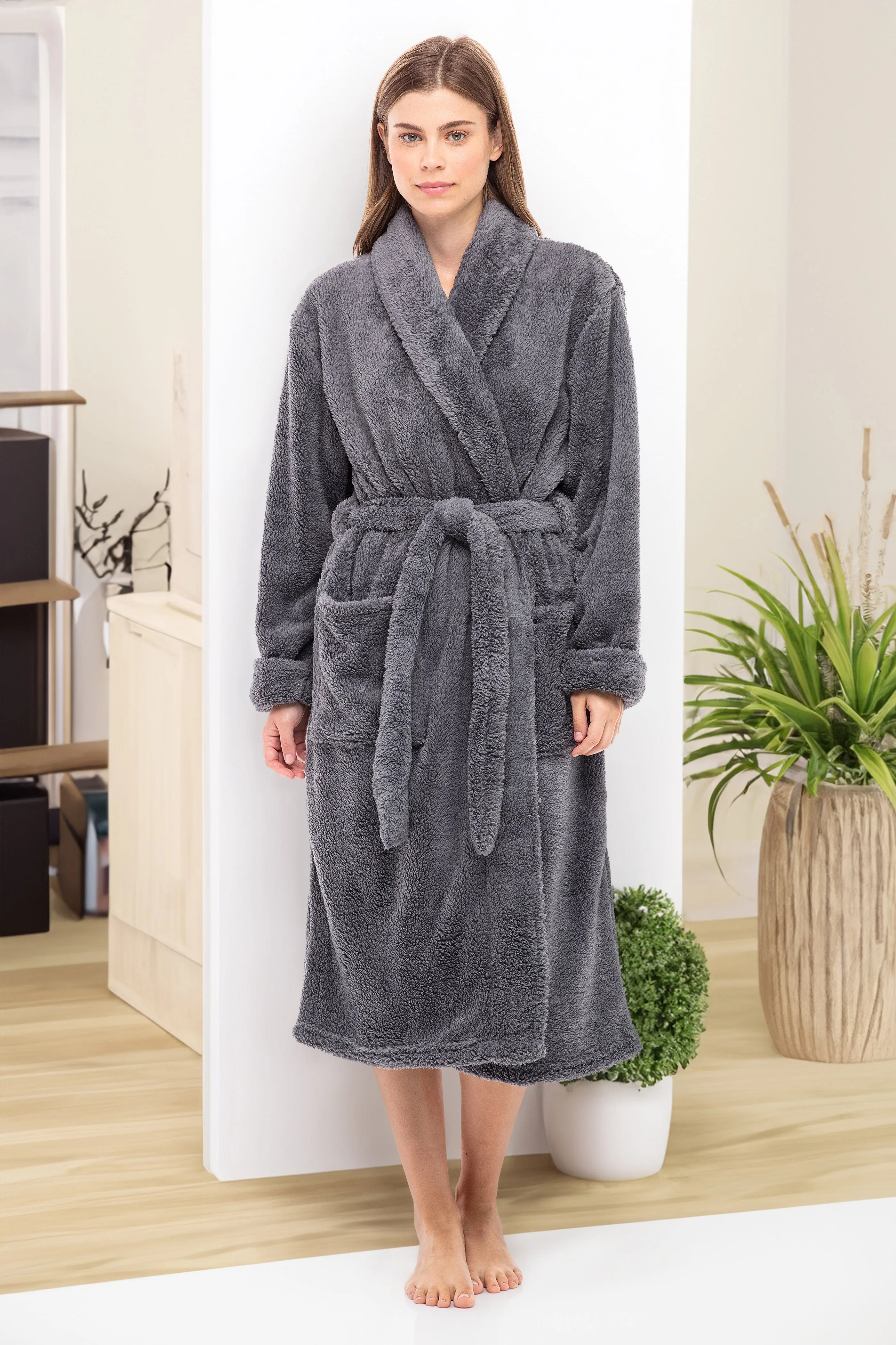 Women's Plush Fleece Robe, Shaggy Feather Bathrobe