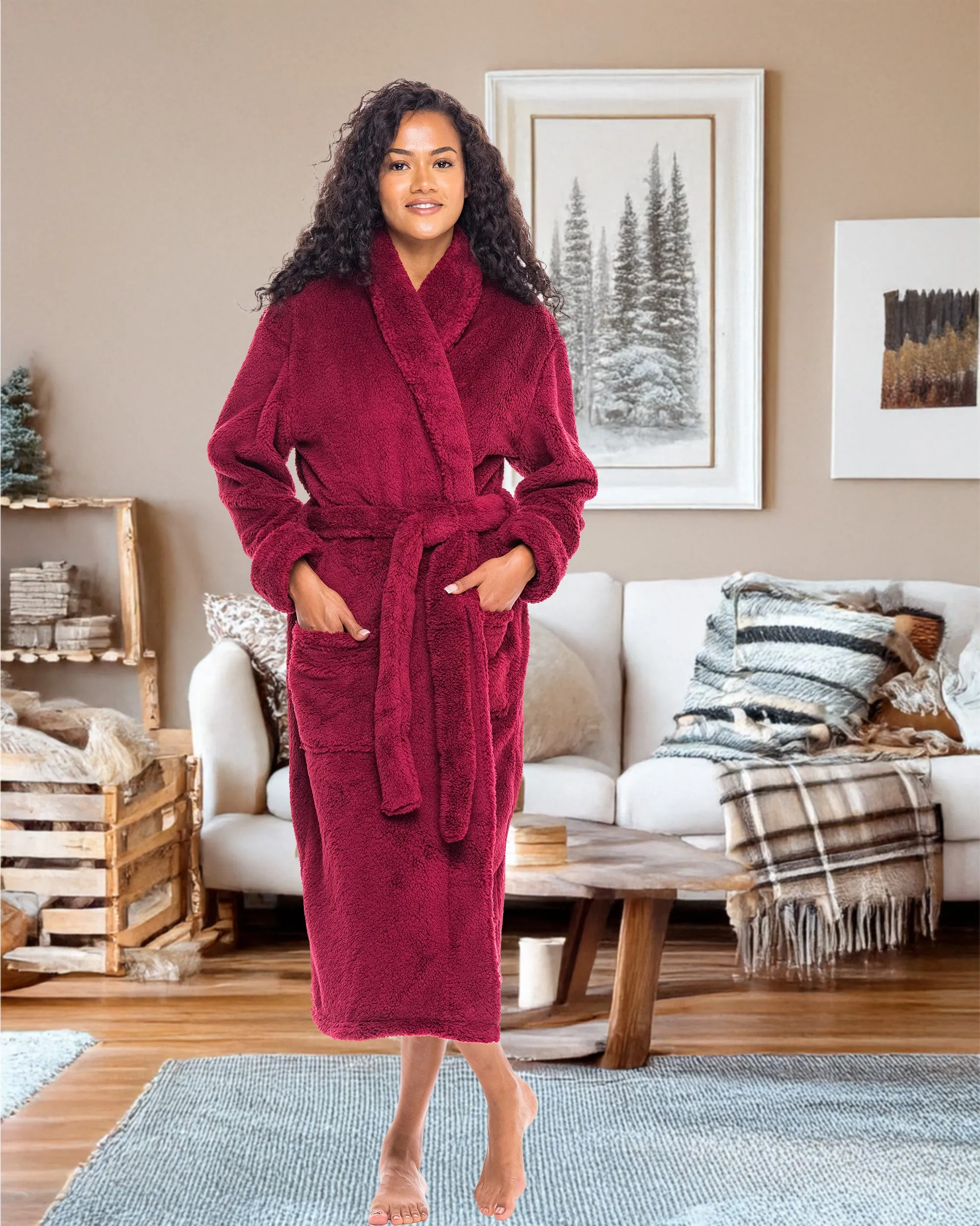 Women's Plush Fleece Robe, Shaggy Feather Bathrobe