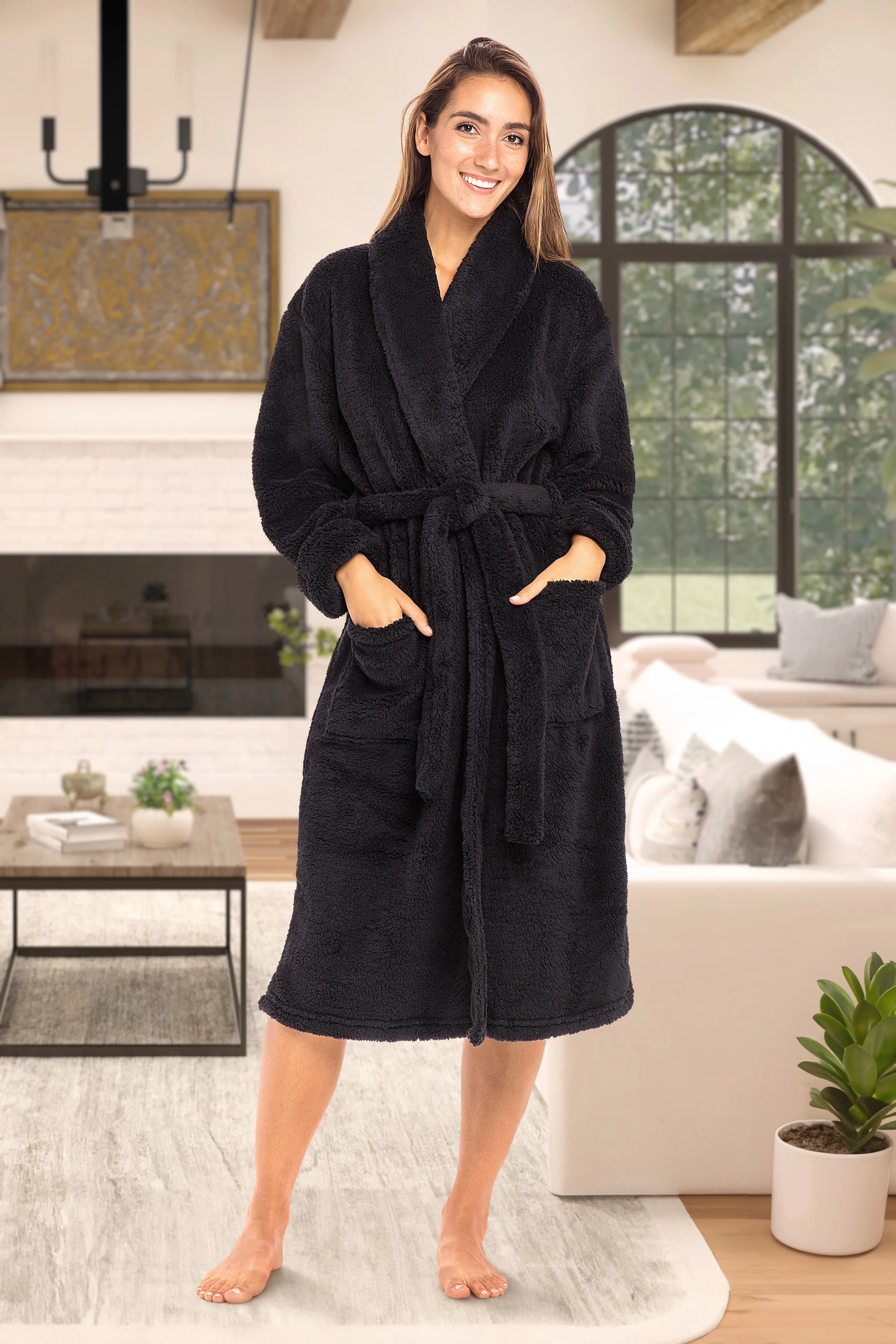 Women's Plush Fleece Robe, Shaggy Feather Bathrobe