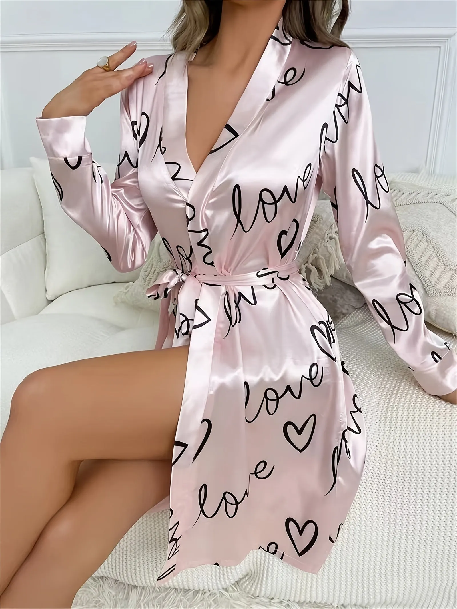 Womens Soft Satin Robe - Ultra-Casual Long Sleeve Silky Lounge Bathrobe with Adjustable Waist Tie, Adorable Heart Pattern for Sleepwear and Relaxation